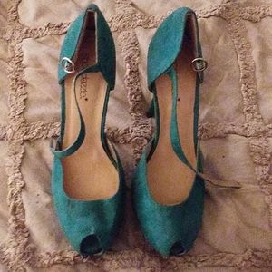 Teal peep toe stilettos